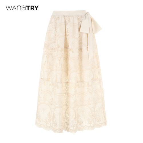 wanatry重工蕾丝蝴蝶结飘带半裙