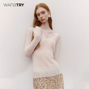 新品 25冬季 奶白简约韩系上衣女 try羊毛V领蕾丝边轻薄打底衫 wana