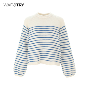 韩系简约百搭上衣女 2025新款 wana try条纹羊毛撞色圆领套头针织衫