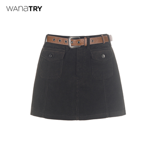 wana 韩系百搭半裙女 try100%棉双口袋灯芯绒含腰带短裙25秋冬新品