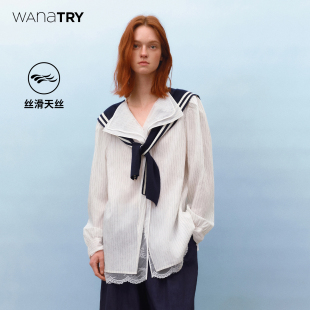 大师工坊 2025拼接蕾丝休闲翻领衬衫 wana 天丝条纹衬衫 女 try