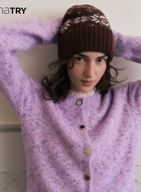 wana try羊毛柔软花纱简约开衫25秋冬新款紫色韩系休闲通勤毛衣女