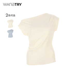 新品 2026春季 韩系简约T恤 try100%棉不对称斜肩掐腰设计短袖 wana