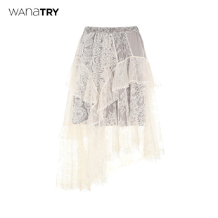 米色时髦重工精致半裙女 新品 wana try拼接蕾丝不规则半裙2026春季