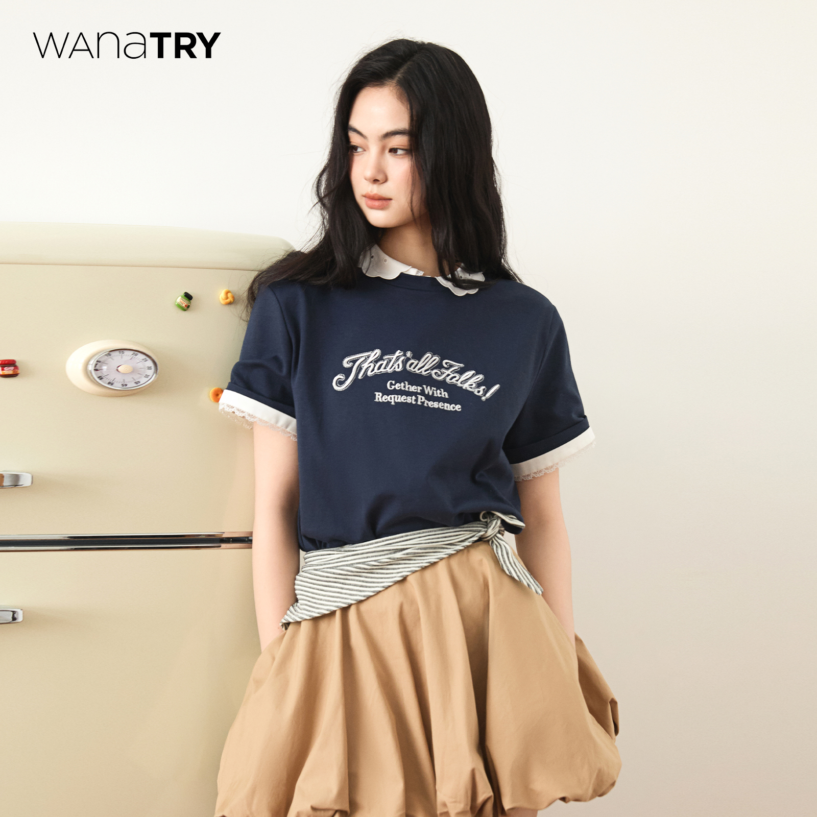 wanatry复古感百搭短袖带披肩