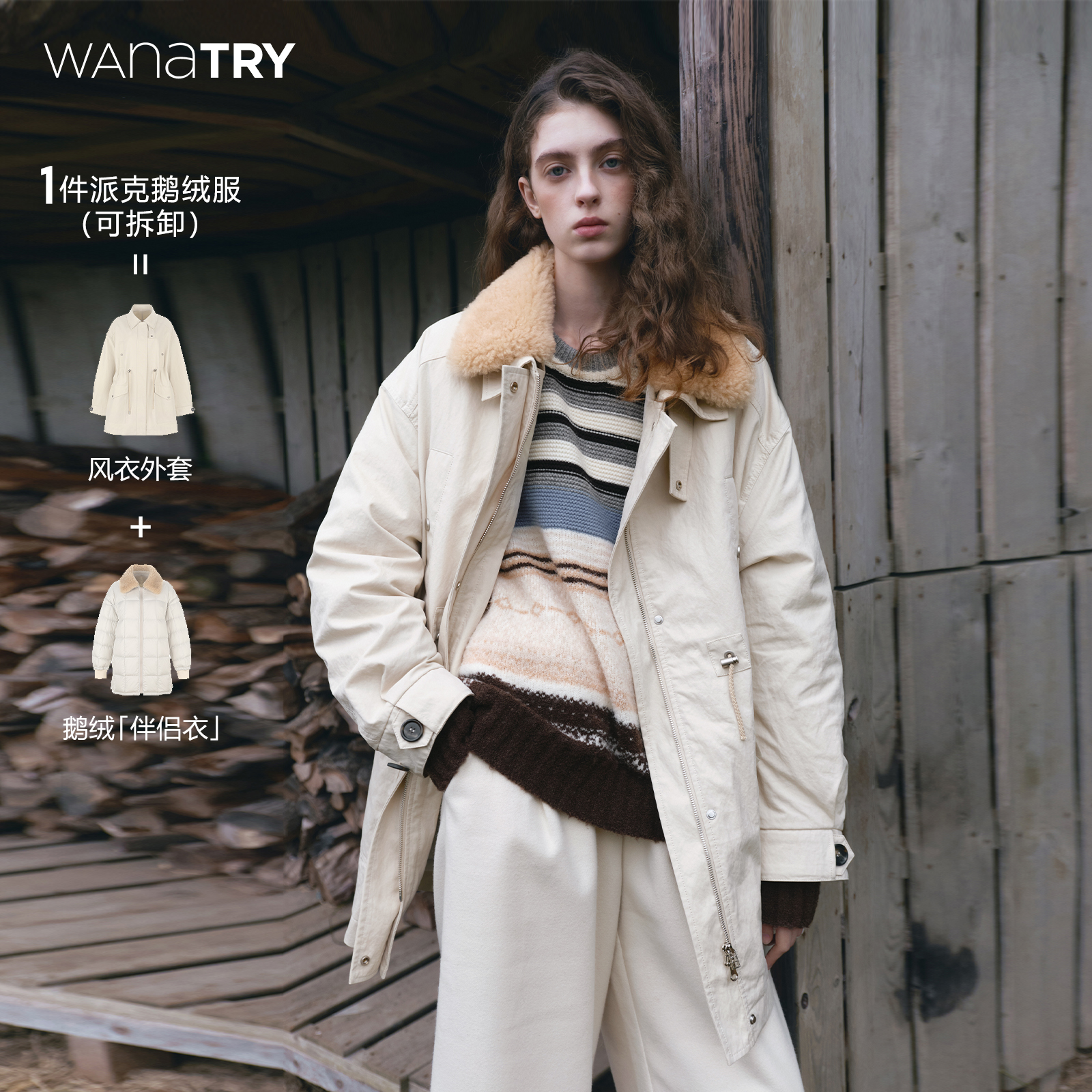 wanatry90白鹅绒羊毛领派克服女