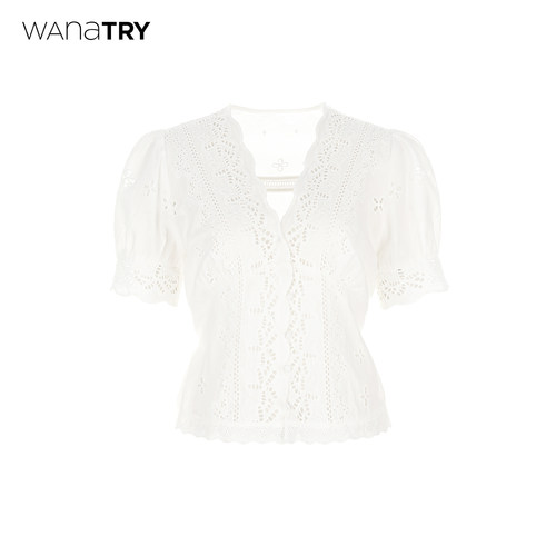 wanatry纯棉法式绣花收腰短袖女