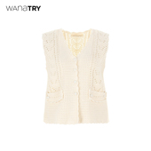 杏色时髦百搭上衣女 钩花针织马甲春秋新品 wana try纯棉法式