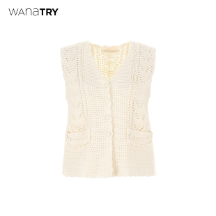 杏色时髦百搭上衣女 钩花针织马甲春秋新品 wana try纯棉法式