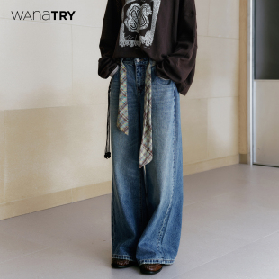蓝色休闲百搭阔腿裤 赠格纹丝带2025秋新品 try复古水洗牛仔裤 wana