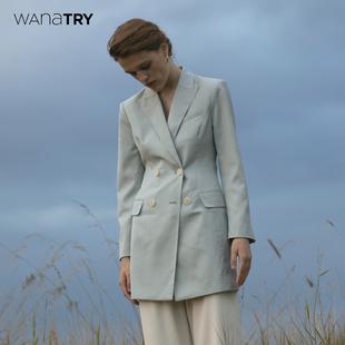 外套26春新品 西装 亚麻蓝温柔休闲简约上衣女 try气质中长款 wana