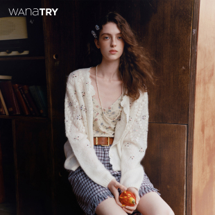 春秋新品 复古开衫 百搭简约韩系上衣女 try羊毛马海毛绣花法式 wana