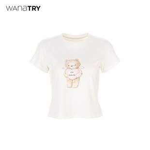 wana try天使小熊爱心短款修身T恤2026春季新品简约百搭短袖女