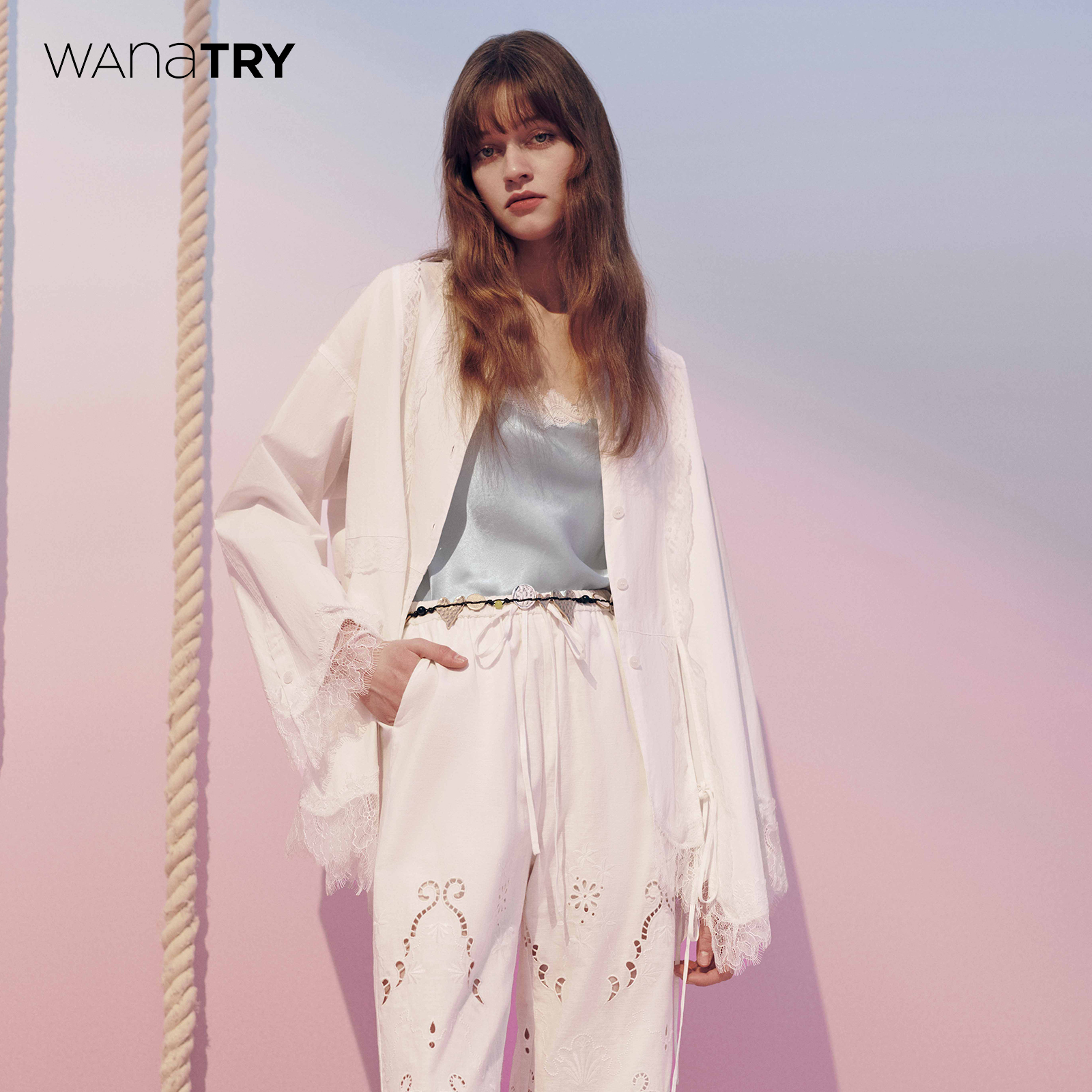wanatry白色拼接蕾丝花边衬衫