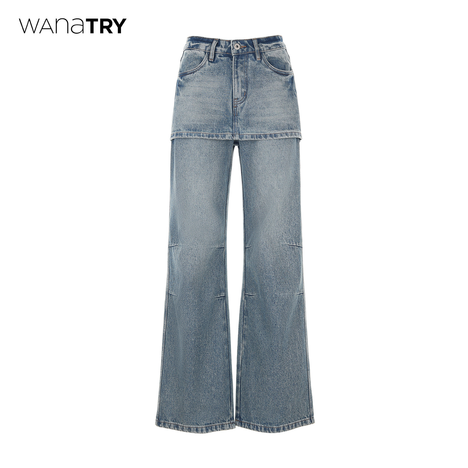 wana try辣妹假两件牛仔裙裤26春季新品时髦韩系休闲直筒裤女,女装/女士精品,牛仔裤,淘宝优惠券,粉丝福利购,淘宝优惠卷