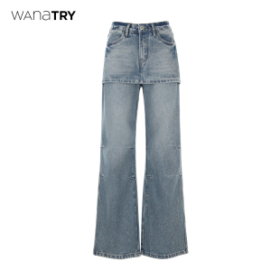 时髦韩系休闲直筒裤 wana 新品 2026春季 女 try辣妹假两件牛仔裙裤