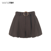 try100%亚麻花苞含腰带短裤 2025夏季 新品 wana 咖色休闲简约短裤 女