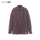 wana 红格纹气质休闲上衣 2025早秋新品 try纯棉木耳花边廓形版 衬衫