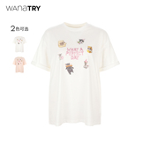 wana 女 百搭休闲简约短袖 try猫猫party印花圆领T恤26春季 新品