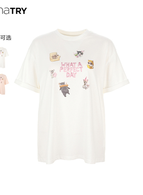 wana try猫猫party印花圆领T恤26春季新品百搭休闲简约短袖女