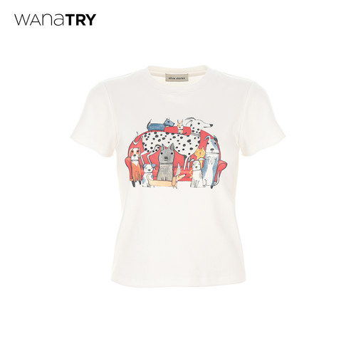 wanatry可爱狗狗印花烫钻短T恤