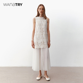 新品 wana try浮雕镂空拼接百褶蕾丝连衣裙2025夏季 杏色简约连衣裙