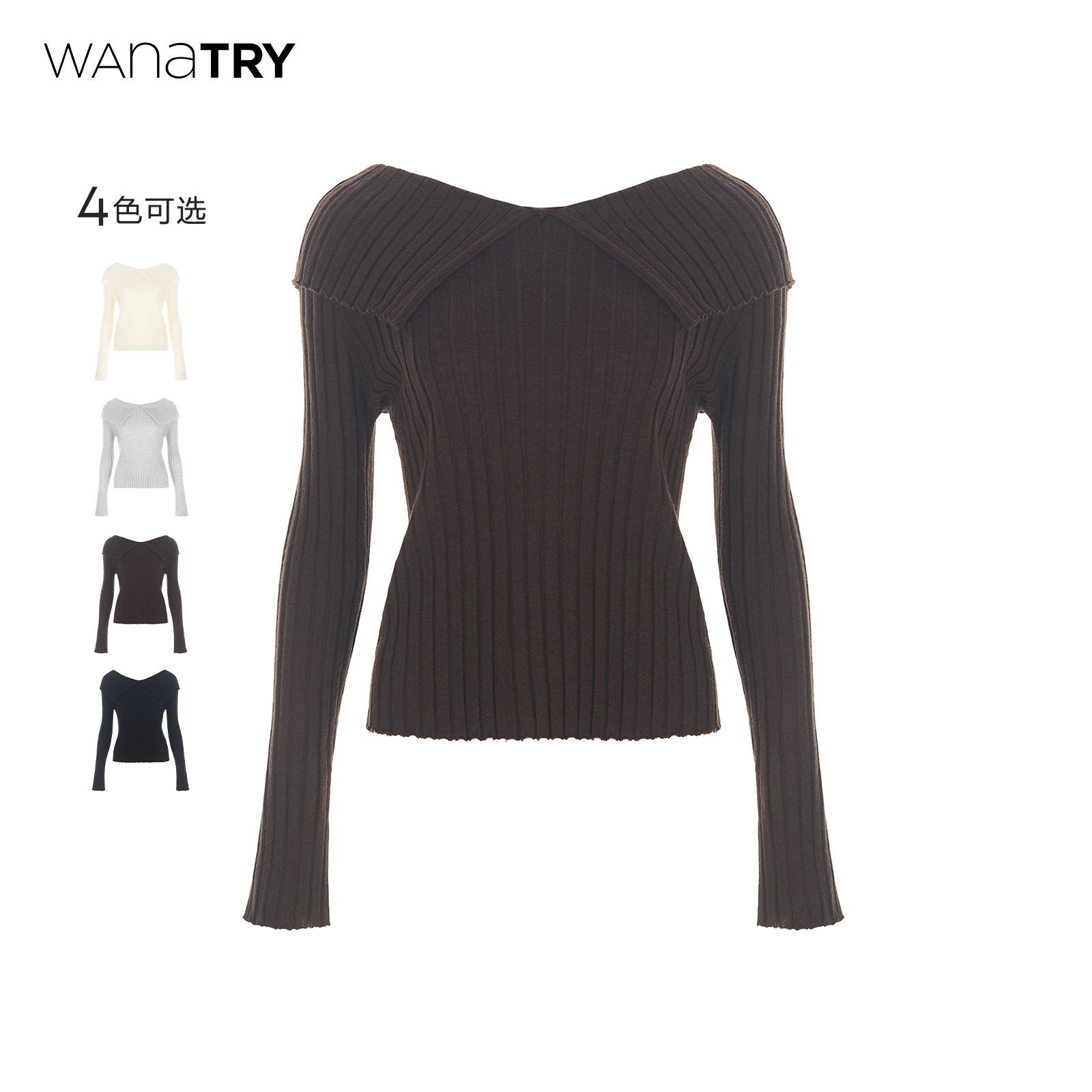 wanatry温柔一字肩羊毛针织衫女