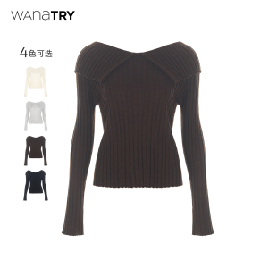 新品 2025秋季 简约休闲上衣女 try羊毛温柔感一字肩翻领针织衫 wana