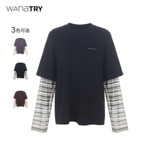 新品 wana T恤25秋季 长袖 百搭上衣女 try刺绣字母logo拼印花网格袖
