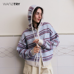 wana 韩系百搭减龄上衣 try100%羊毛费尔岛软糯连帽外套25秋冬新品