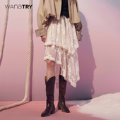 wana try不对称蕾丝层叠中长裙2025新款 百搭浮雕白设计感半身裙女
