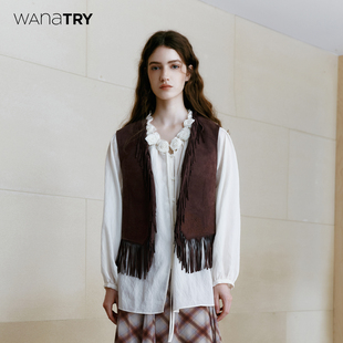 棕咖色休闲时髦上衣女 新品 wana try刺绣流浪感流苏边马甲2025秋季
