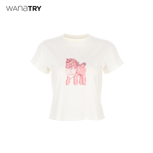 休闲简约百搭短袖 T恤2026春新品 女 try爱心粉红小马印花短款 wana