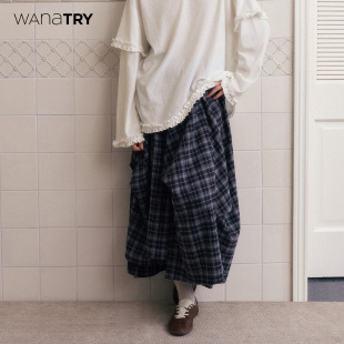 wana 深灰色韩系百搭半裙女 try不规则结构格纹中长裙2025秋冬新品
