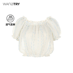 气质温婉短袖 新品 try白色亚麻彩条温柔大领口上衣2025夏季 wana