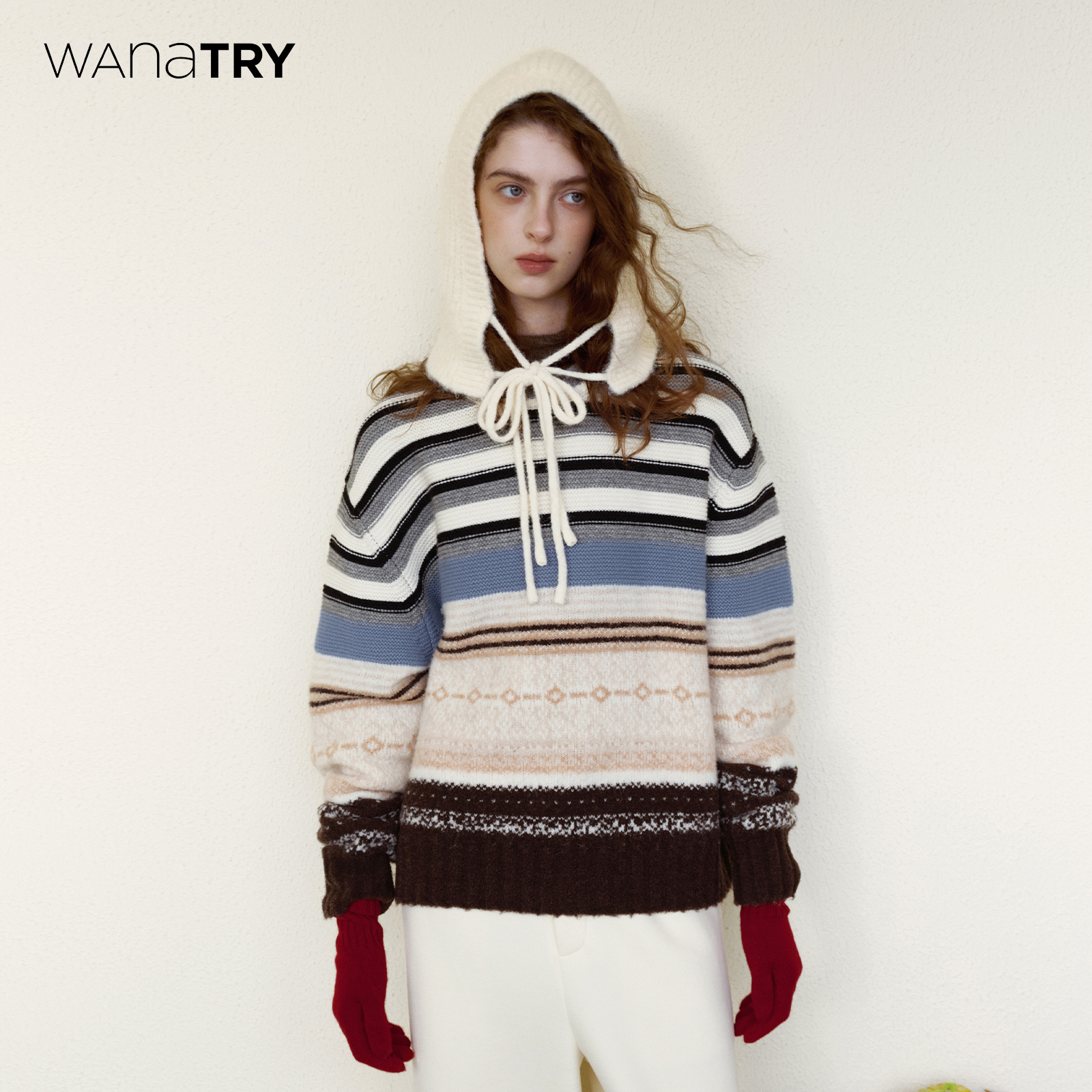 wanatry羊毛多纱线拼接条纹毛衣