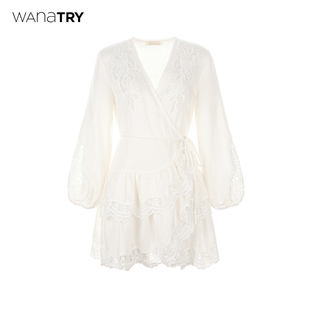 白色韩系连衣裙 荷叶边刺绣V领系带裙2026春新品 wana try亚麻法式