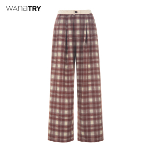 格纹宽松慵懒阔腿裤 wana 女新款 2025春季 try砖红色复古感保暖长裤