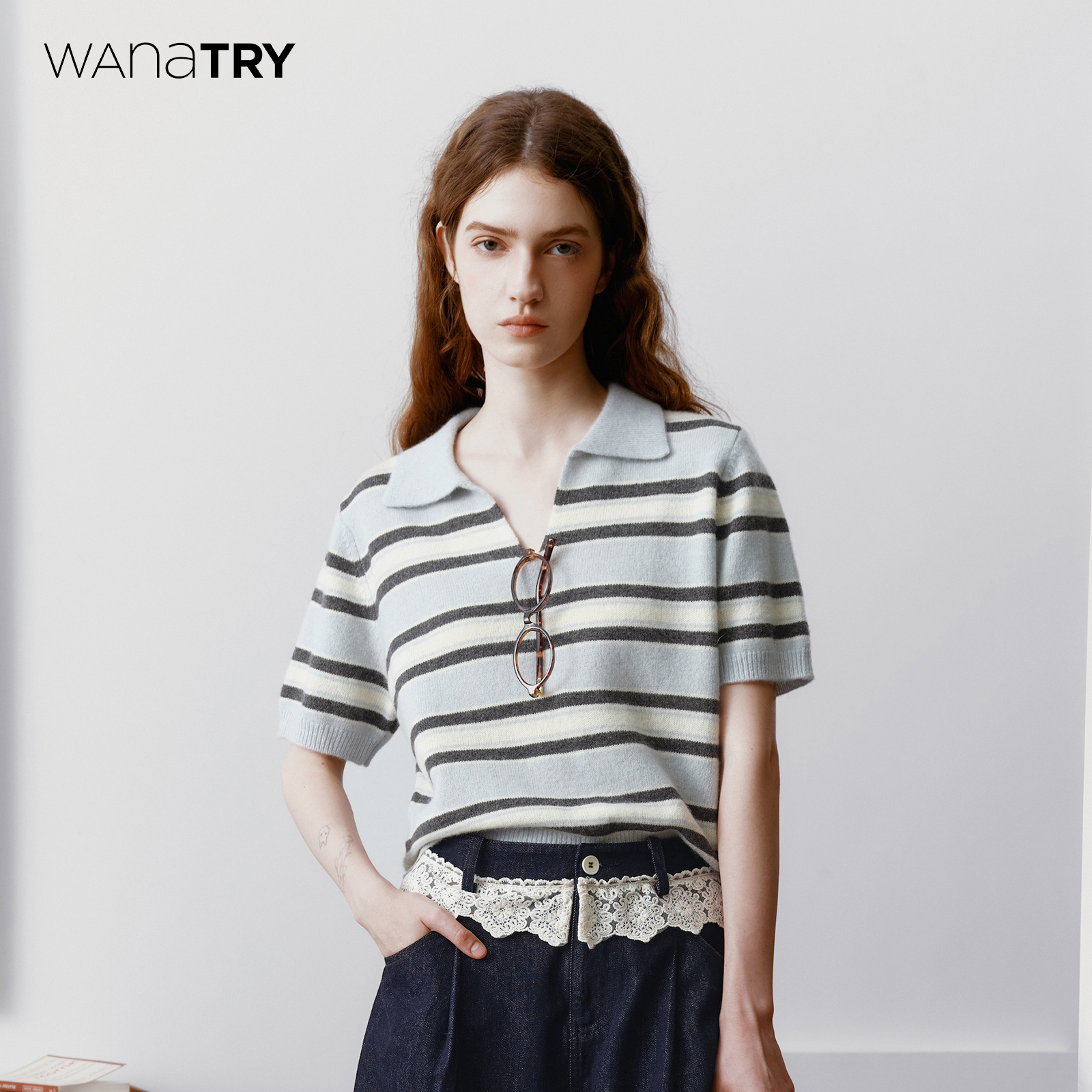 wanatry100%羊毛条纹针织短袖女