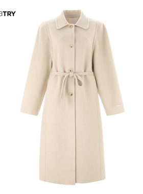 sans marque手工双面纯羊毛大衣呢大衣外套奶白女厚实重磅带腰带