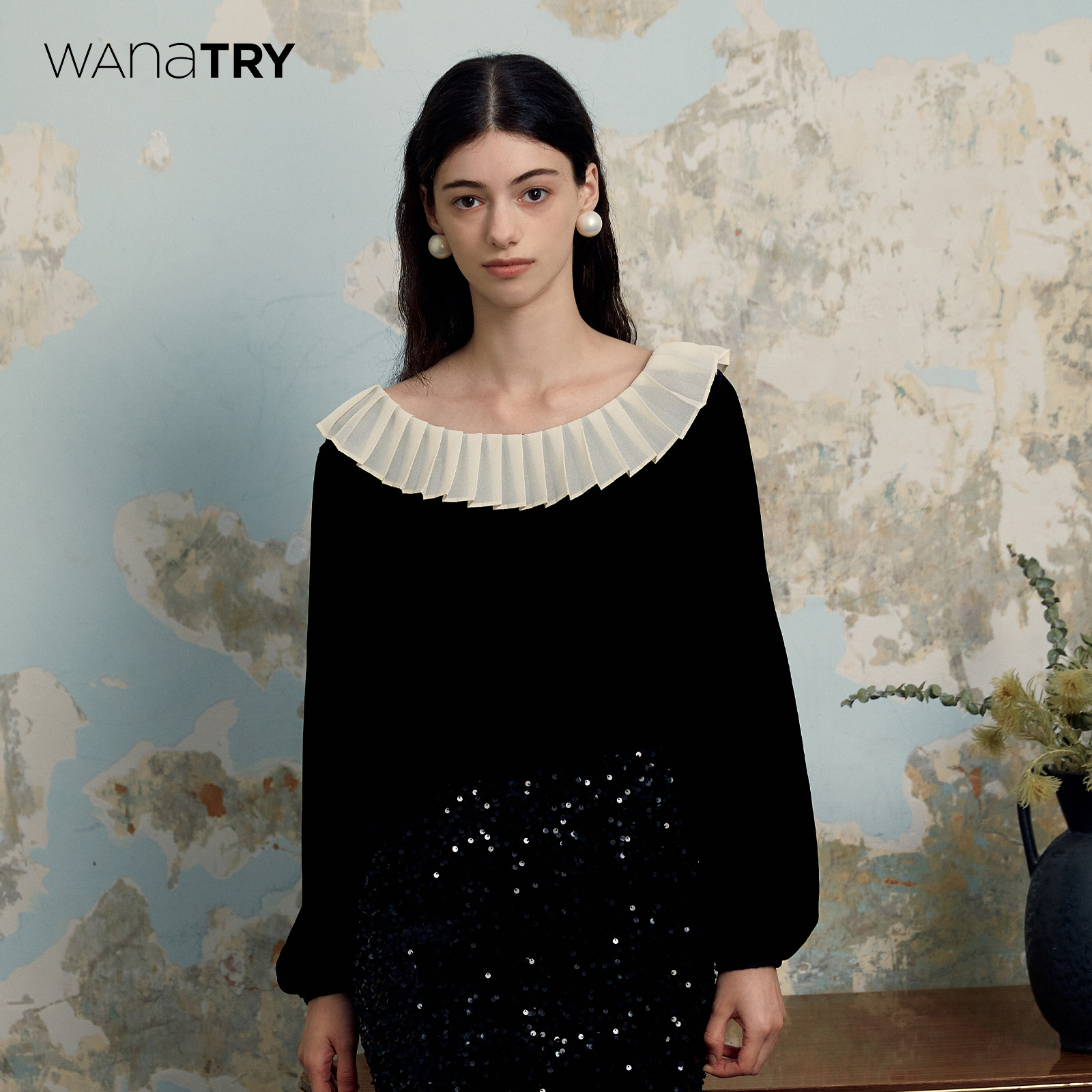 wanatry压褶领丝绒优雅绒衫上衣