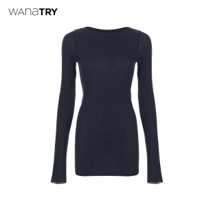 藏青时髦修身 T恤26春新品 上衣女 try100%棉纸片人一字领长袖 wana