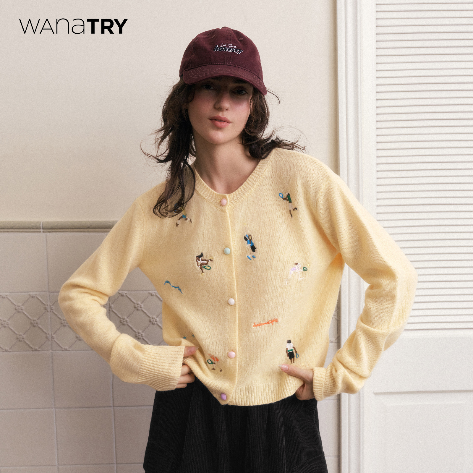 wanatry100%羊毛绣花针织开衫女