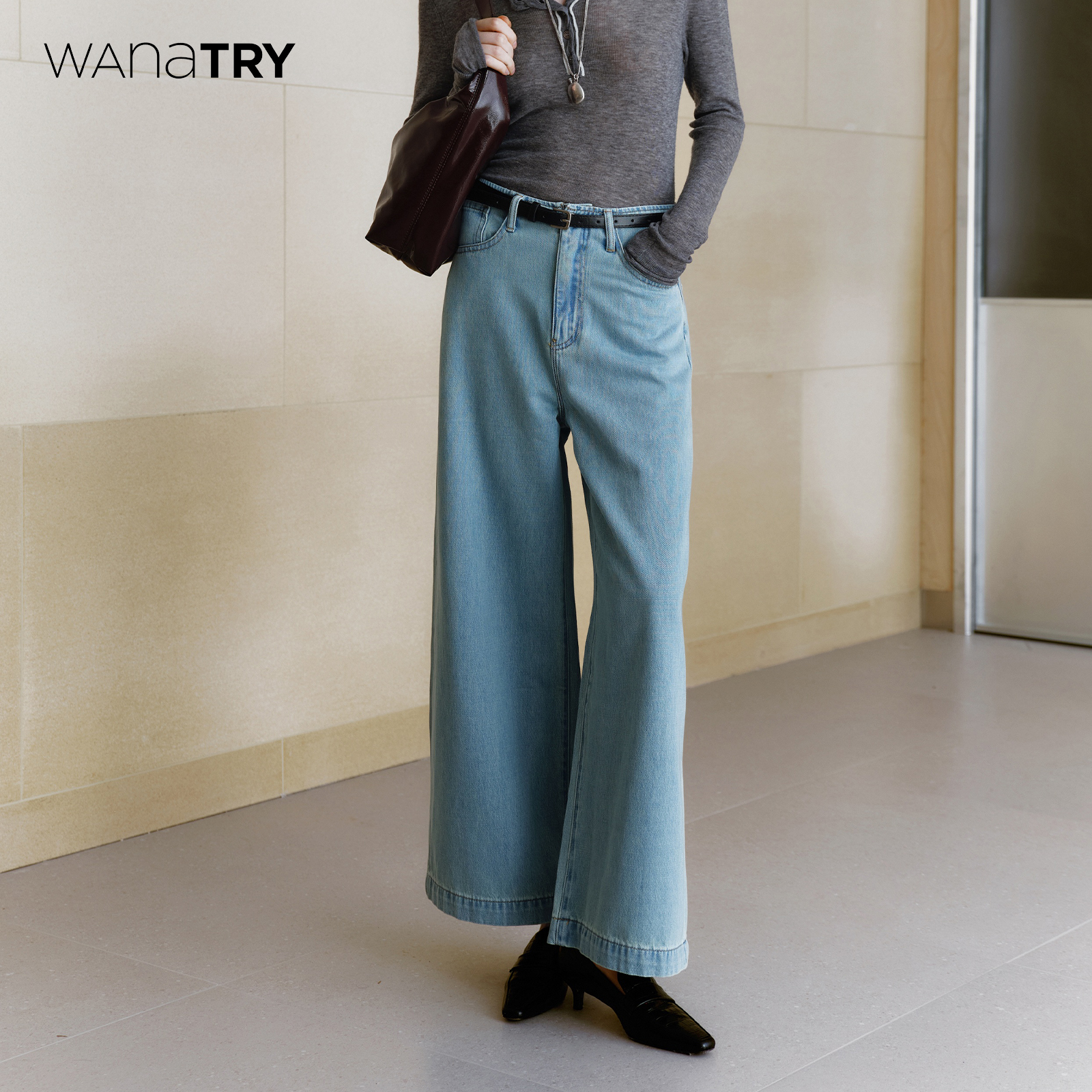 wanatry柔软韩系牛仔阔腿裤女