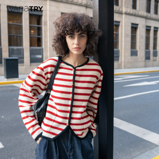 纯羊毛开衫 wana 复古红条纹法式 明星同款 系扣毛衣上衣女 try