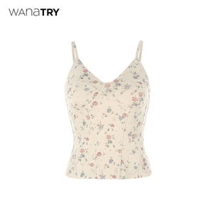 豆沙色韩系百搭上衣女 新品 wana try花卉印花设计感内搭吊带春夏季