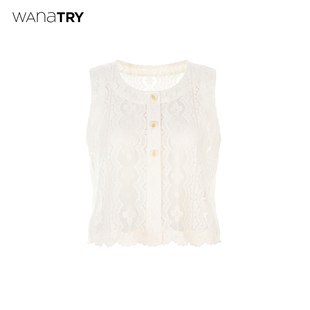 杏色韩系简约上衣女 新品 wana try镂空设计感圆领马甲2026春季