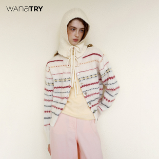 新品 25冬季 米色复古上衣女 try羊毛马海毛彩条费尔岛针织开衫 wana