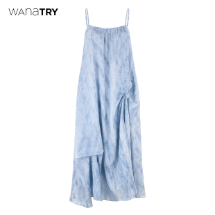 时髦不规则连衣裙女 新款 wana try云水蓝度假风休闲吊带连衣裙夏季
