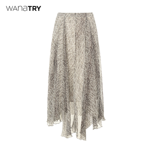灰绿色休闲半裙女 新品 wana try薄纱不对称飘逸印花中长裙2025夏季